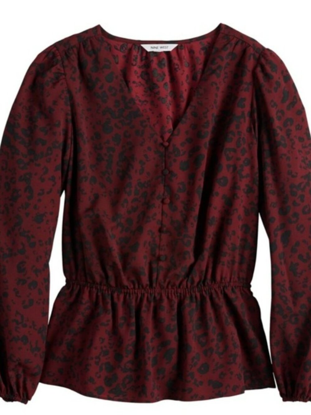 Nine West Women’s Cinched Waist V-Neck Blouse in Deep Red Cheetah Size Medium - Picture 2 of 9
